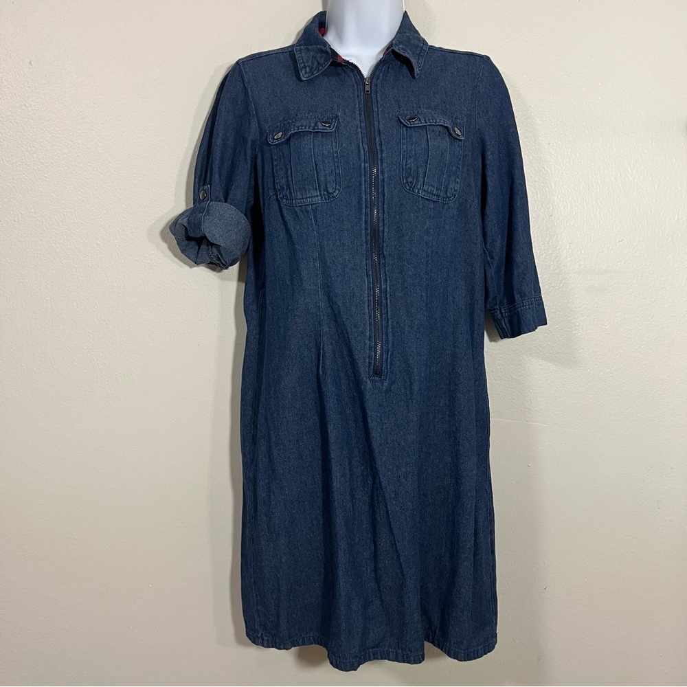 Denim Mini Dress Front Exposed Zipper Safari Sleeves Size Small Fall Streetwear - Picture 4 of 9